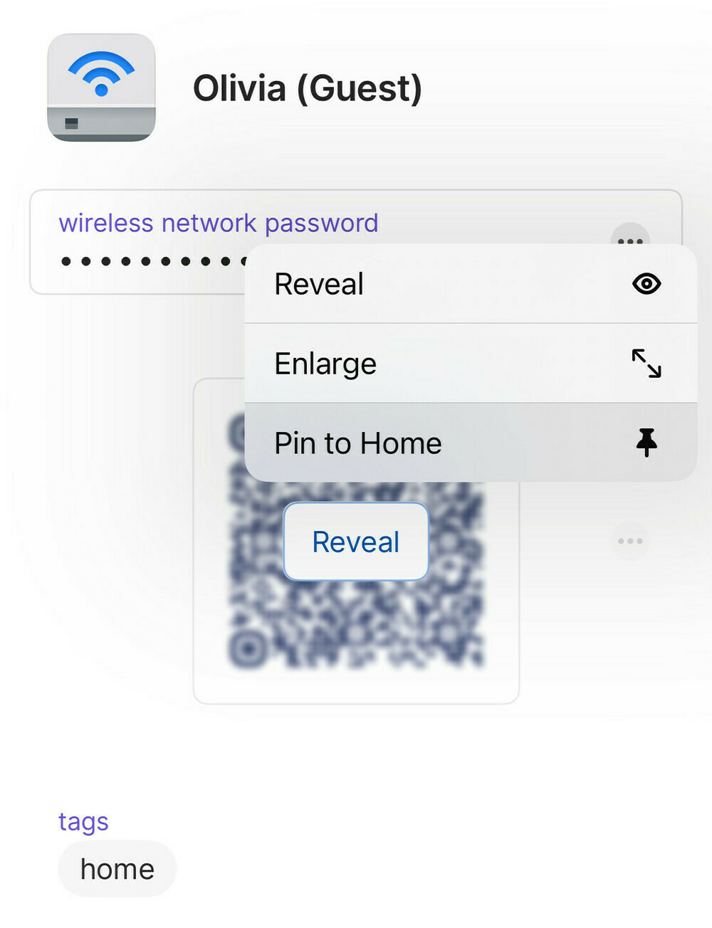 The dropdown menu for a Wi-Fi QR code in the 1Password app with 