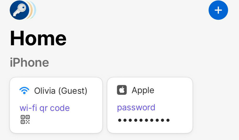 The 1Password app displaying a guest Wi-Fi network QR code and an Apple password pinned to the Home screen