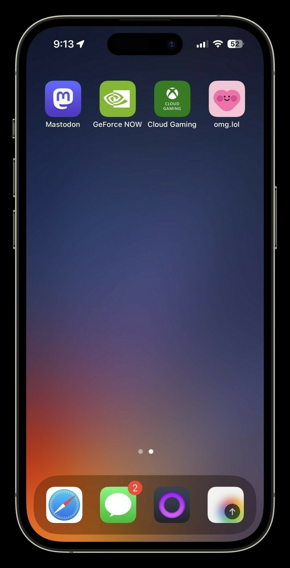 An iPhone Home Screen displaying a few different web apps, including Mastodon, GeForce NOW, Xbox Cloud Gaming, and omg.lol.