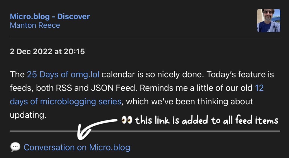 Screenshot showing a post in a feed reader. Directly below the post, there’s a link: Conversation on Micro.blog. A handwritten text says: this link is added to all feed items.