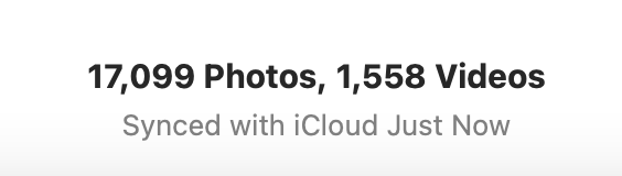 screencap of iCloud sync status showing 17,099 Photos and 1,558 Videos