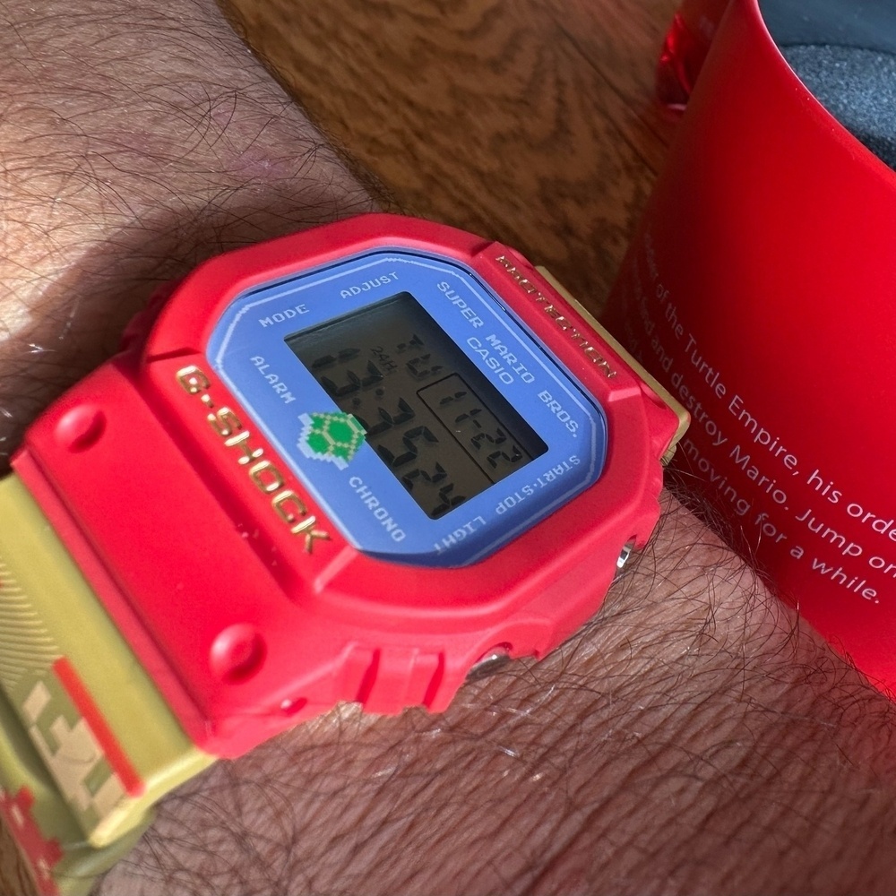 The Mario G-Shock itself. Red blue, with pixelated Mario wristband. 