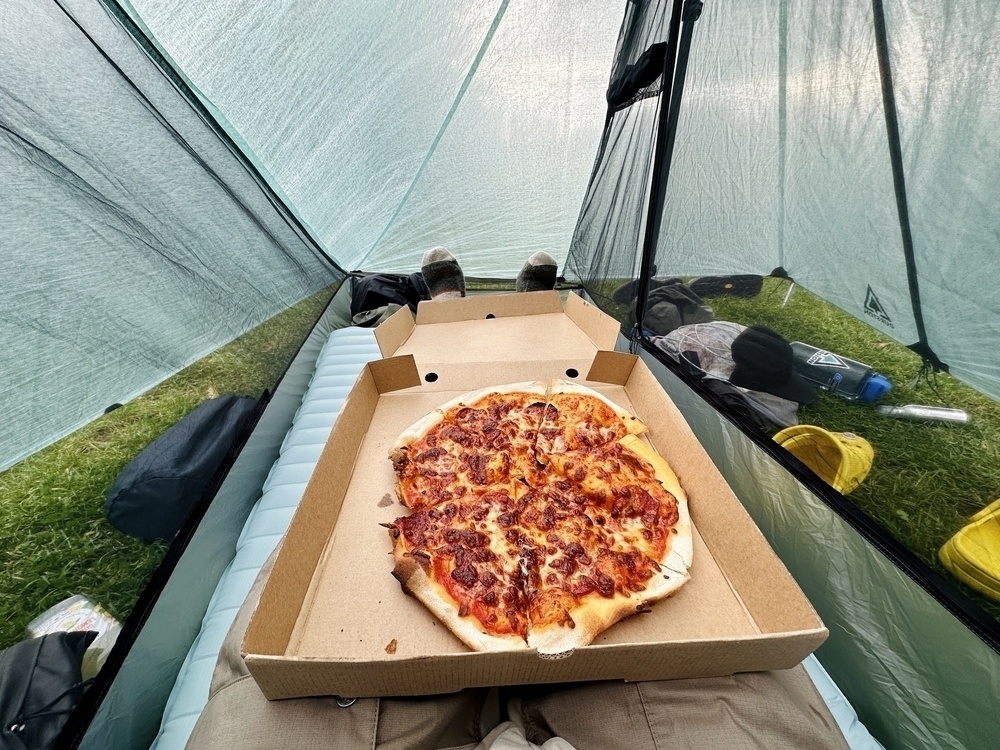 Eating pizza inside my tent. 