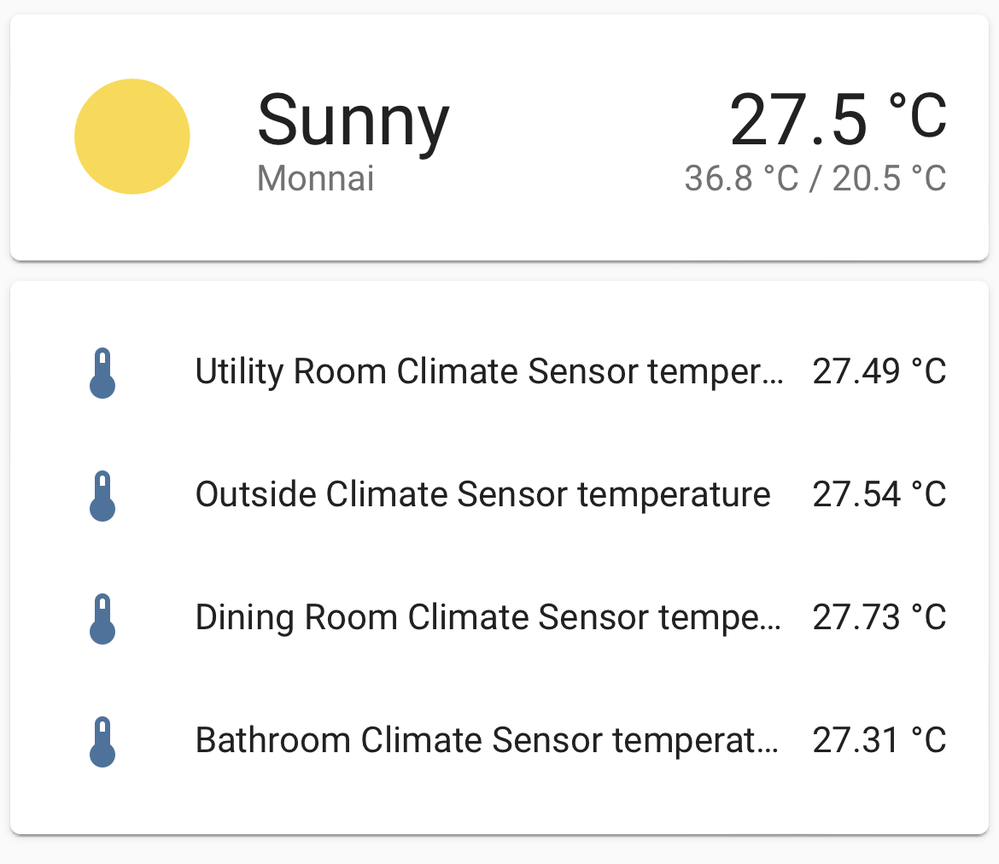 home assistant dashboard showing a weather forecast of 36°C, and temperatures of around 28°C