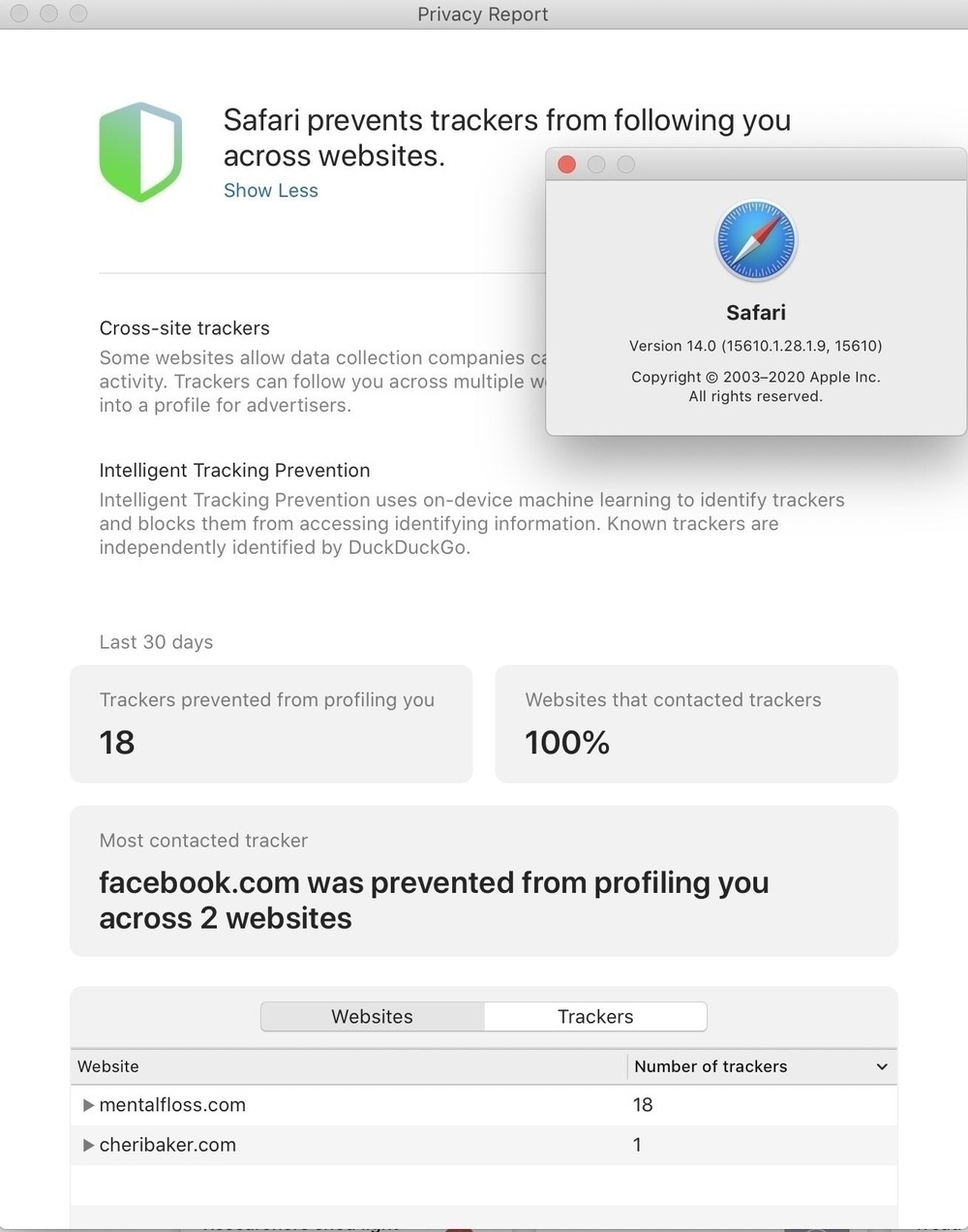 Privacy report screenshot. 