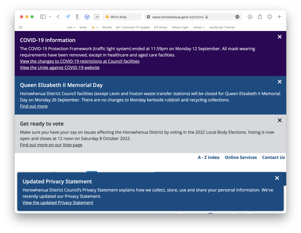 Web page fully covered in notices and alerts that need to be closed before you can see the page itself. 