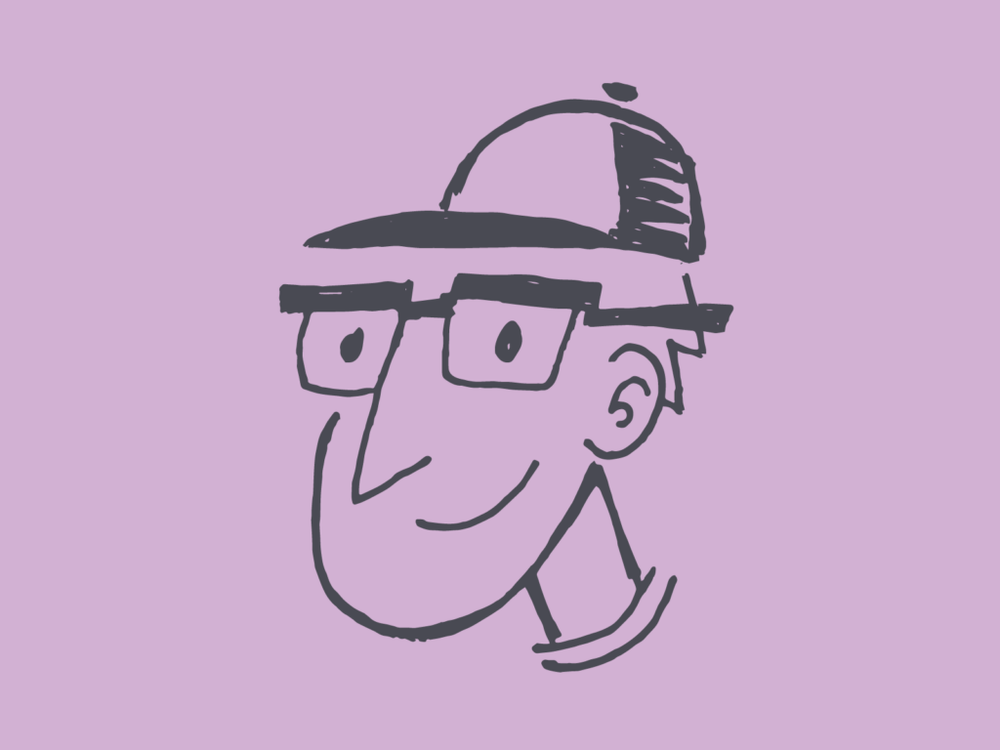 a drawing of a dude in glasses and a baseball cap smiling