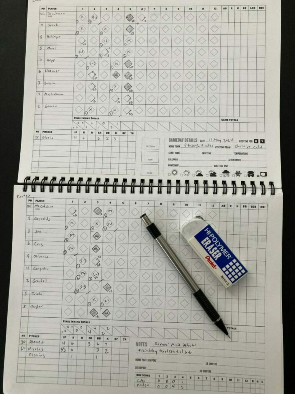 open baseball scorebook recording the first 4 2/3 innings of today's Pirates vs Cubs game. there's a mechanical pencil and eraser sitting on top