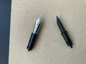 Bock nib unit on the left; nib-less Jowo feed and housing on the right