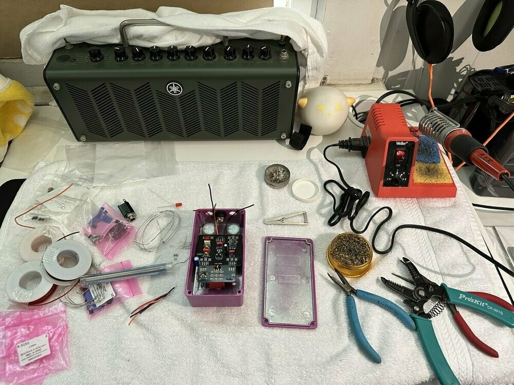 Electronics part and soldering station. Building another guitar effects pedal.