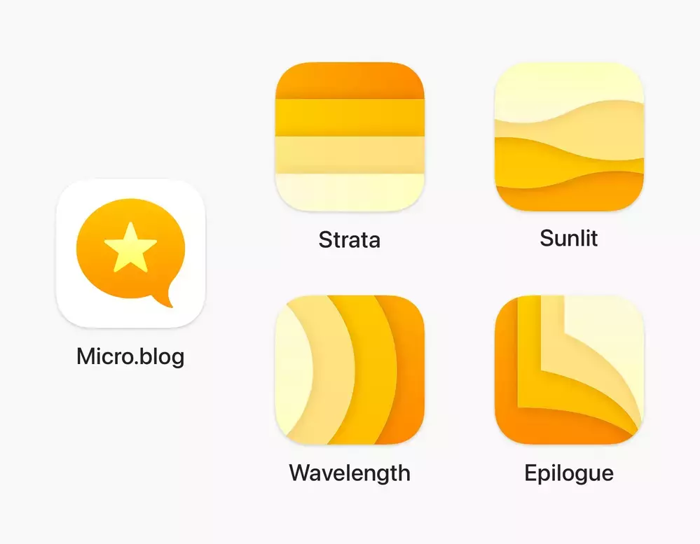 The current iOS icon for Micro.blog, sat alongside 4 alternative icons for Strata, Sunlit, Wavelength and Epilogue. All icons share a yellow colour palette and feature overlapping shapes.