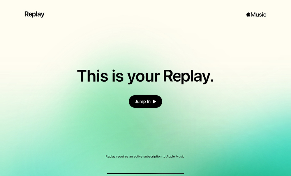 A promotional graphic for Apple Music Replay features the text This is your Replay and a button labeled Jump In.