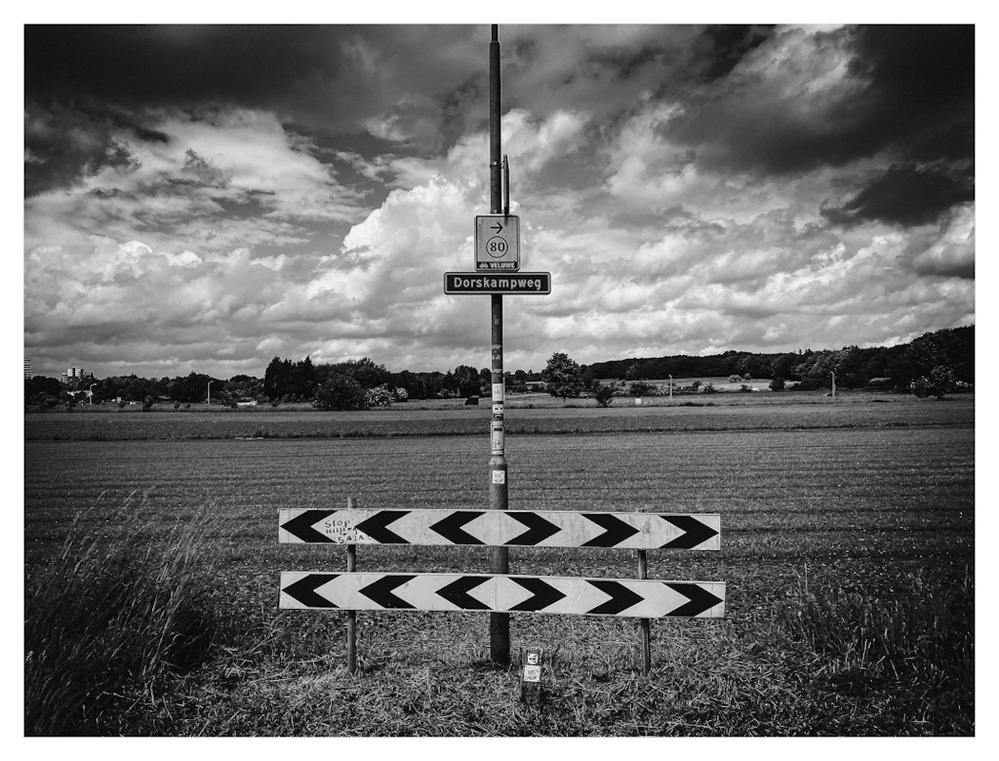 Street name and traffic sign in front of a field, under a cloudy sky. 