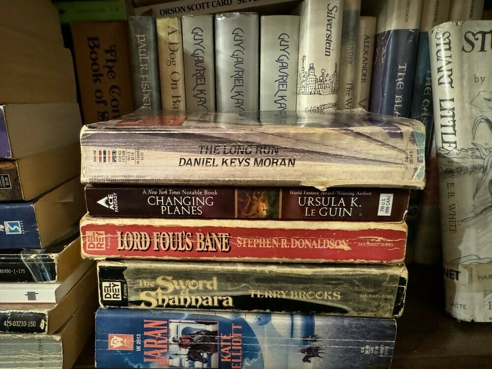 Pile of paperbacks with The Long Run by Daniel Keys Moran on top. Some of my other favorites in view. Lord Foul’s Bane. Fionavar. Prydain. 