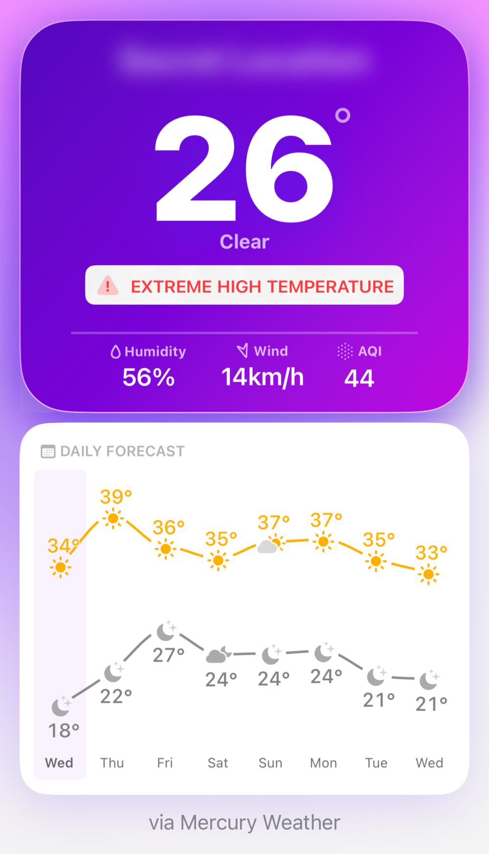 Weather app screenshot showing 26°C and clear skies with an extreme high temperature warning, 56% humidity, 14 km/h wind, and AQI 44. The 7-day forecast shows highs of 33–39°C and lows of 18–27°C with mostly sunny conditions.