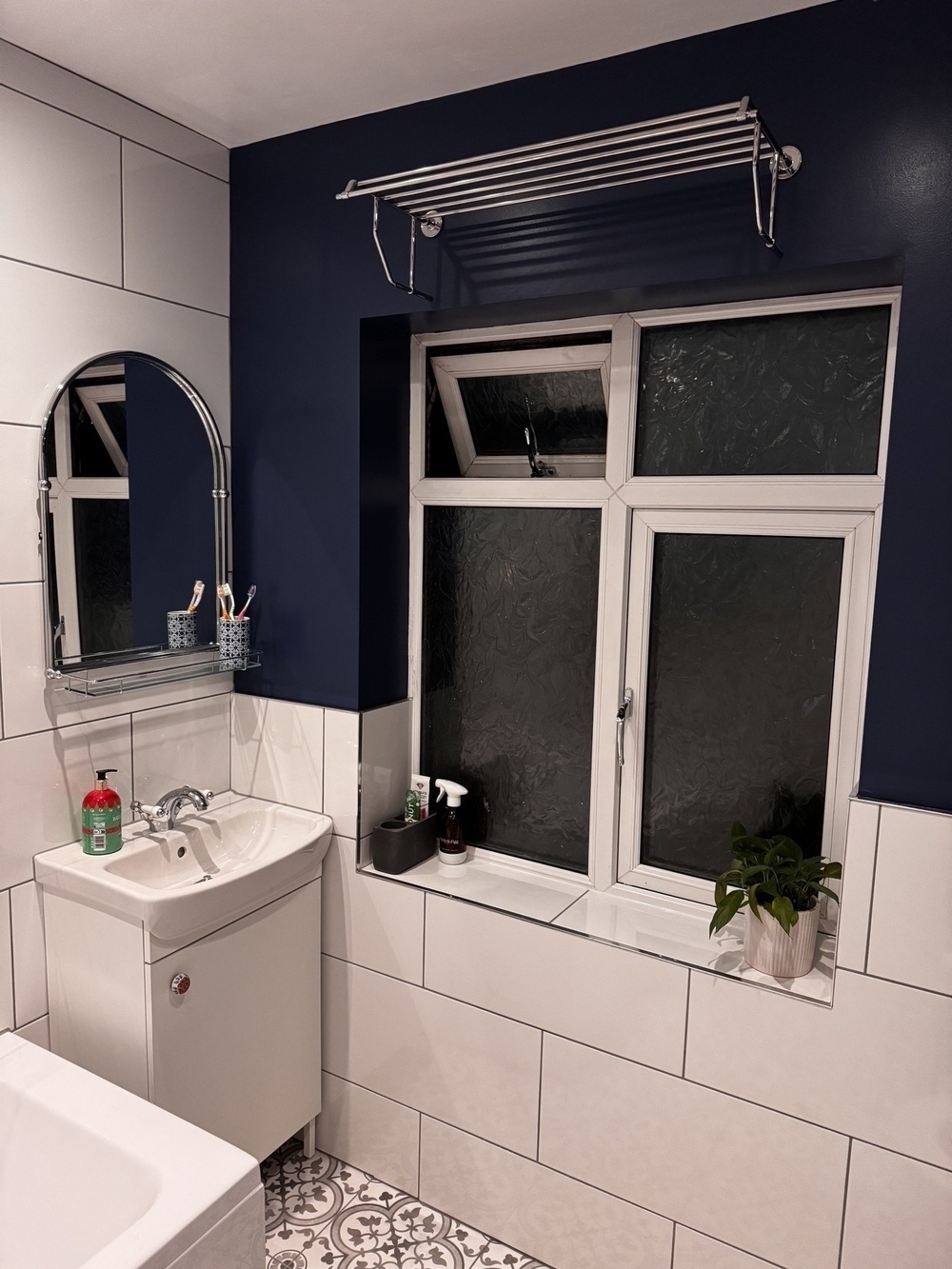 A bathroom features a sink with a mirrored cabinet, a window with frosted glass, and a plant on the windowsill.