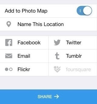 Screenshot of the share page in Instagram circa 2014 showing options to cross-post to Facebook, Twitter, Email, Tumblr, Flickr and Foursquare.