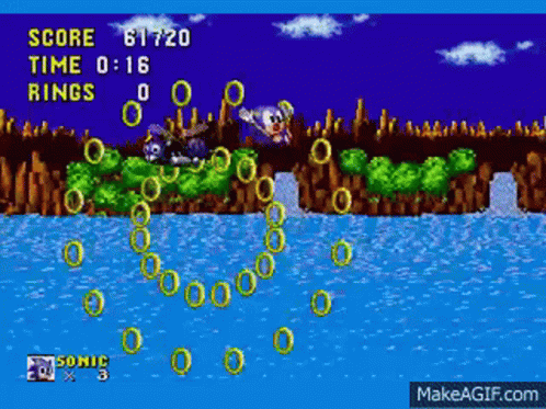 Sonic the Hedgehog getting 142 rings knocked out of him on Green Hill Zone