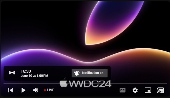 screenshot of apple WWDC YouTube videoplayer place holder graphic showing a wait time before the livestream starts