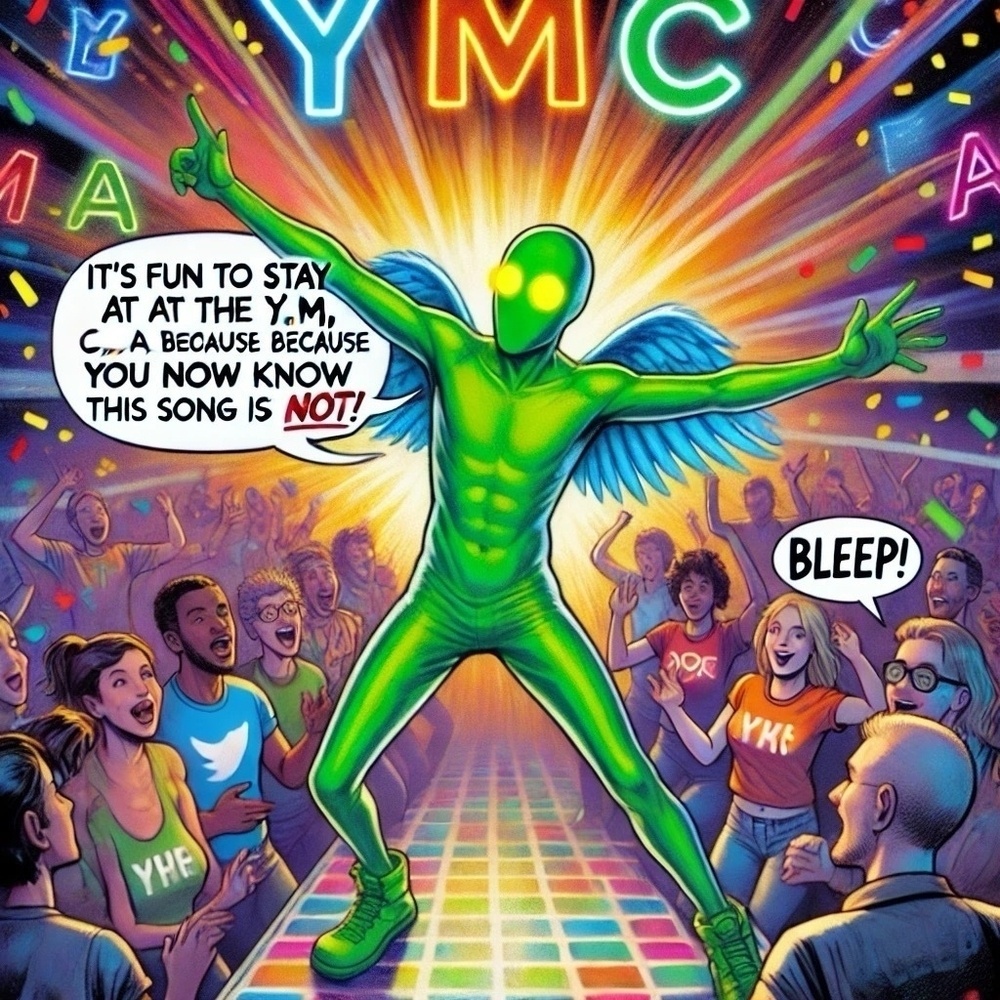 A vibrant illustration featuring Changeling, a green humanoid figure with wings and yellow eyes, leading a lively crowd in singing a playful parody of “YMCA.” Changeling is mid-gesture, radiating energy and excitement, while the diverse crowd behind them joyfully joins in. Above them, the lyrics “It’s fun to stay at the Y, M, C, A. Because you now know this song is not” are displayed in bold, colorful text. The phrase is humorously followed by a censoring symbol and a visualized “bleep!” effect. The scene is set against a festive background with colorful lights, confetti, and a celebratory atmosphere.