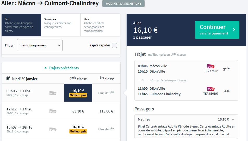 A ticket for Mâcon - Dijon - Culmont-Chalindrey, same train but one stop further, between Bourgogne-Franche-Comté and Grand Est, costs 16.10€, carte Avantage is counted here.

