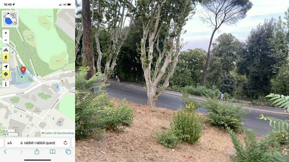 Composite image. On the left a map showing the location of the quest and my position. On the right a view down a leaf-covered slope to a road. lined with plane trees and umbrella pines. Two groups of people are walking beside the road. In the foreground are shrubs, including small Ailanthus bushes.