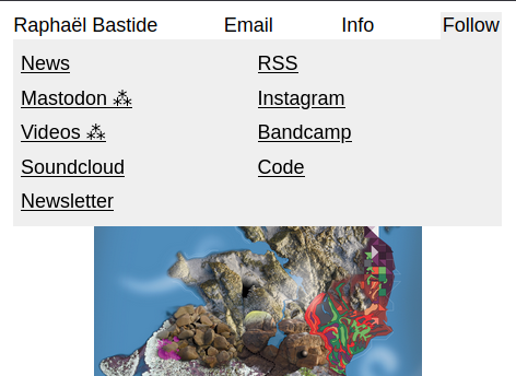 A website header with title, and a “Follow” tab open with News, RSS, Mastodon (followed by the symbol ⁂), Instagram, Videos (followed by the symbol ⁂), Bandcamp, Soundcloud, Code, Newsletter