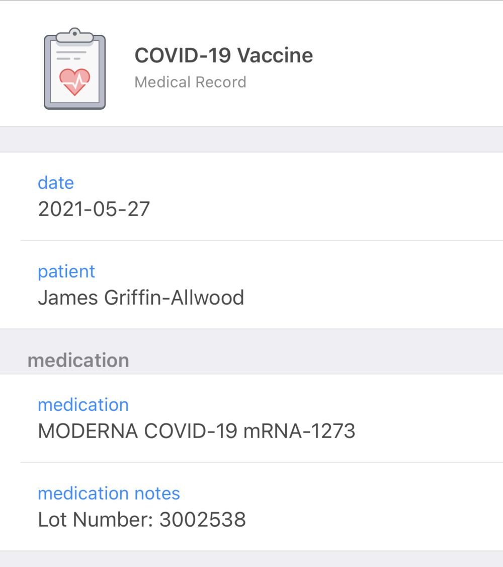 Screenshot of Vaccine Record in 1Password