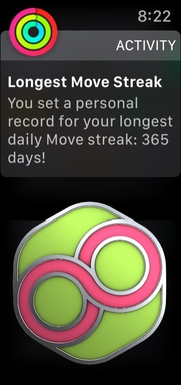 Apple Watch award for longest move streak.