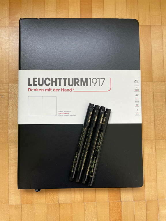 My new notebook and new pens. Both are an experiment, the notebook does not have a grid. Not yet sure how it will pan out.
Never paid so much for a notebook but I think it will be better than having loose papers for my doodles.
