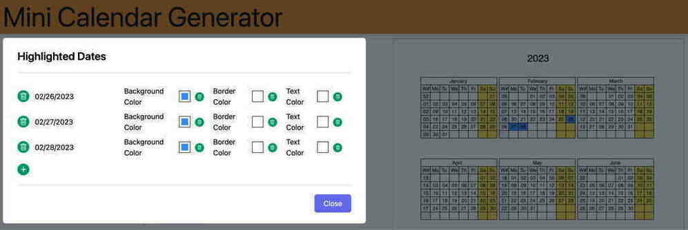 I’ve updated my calendar generator to support custom highlighted dates. You can change the background color and the text color of a cell.
