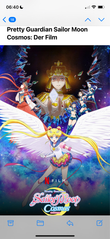 Screenshot of an email showing a movie poster for the Sailer Moon Cosmos film on Netflix. It shows Sailormoon with spread wings in the center, the film title below her, and the antagonist above.