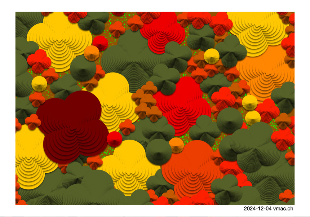 An abstract digital artwork featuring a forest-like pattern with layers of colorful, rounded shapes that resemble tree canopies. The dominant colors are autumnal, including deep red, vibrant yellow, earthy green, orange, and subtle brown tones. These rounded, concentric shapes are layered to create a sense of depth and texture, forming a dense, overlapping visual field. The overall impression evokes the feeling of a lush, vibrant forest in the fall season. In the bottom-right corner, there is text: 2024-12-04 vmac.ch