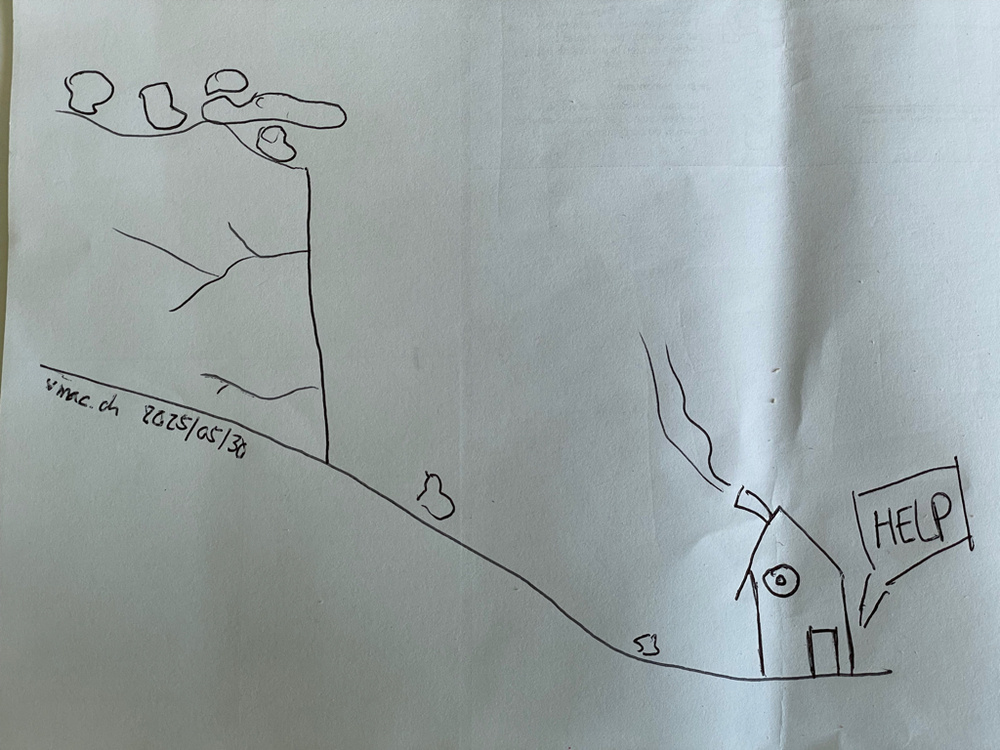 A simple line drawing depicts a house on the right with smoke coming out of its chimney and a sign that says "HELP." The house is situated on a sloping hill. On the left, there is a glacier with boulder-like shapes on top. The drawing is signed with the name "vmac.ch" and dated "2023/03/30."