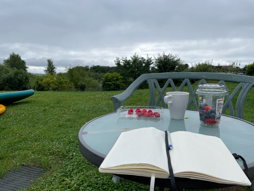 A glass outdoor table on a grassy lawn holds an open notebook with a pen, a plastic container of raspberries, a jar with assorted berries, and a white mug. In the background, there are trees and a cloudy sky. A SUP is partially visible on the grass.