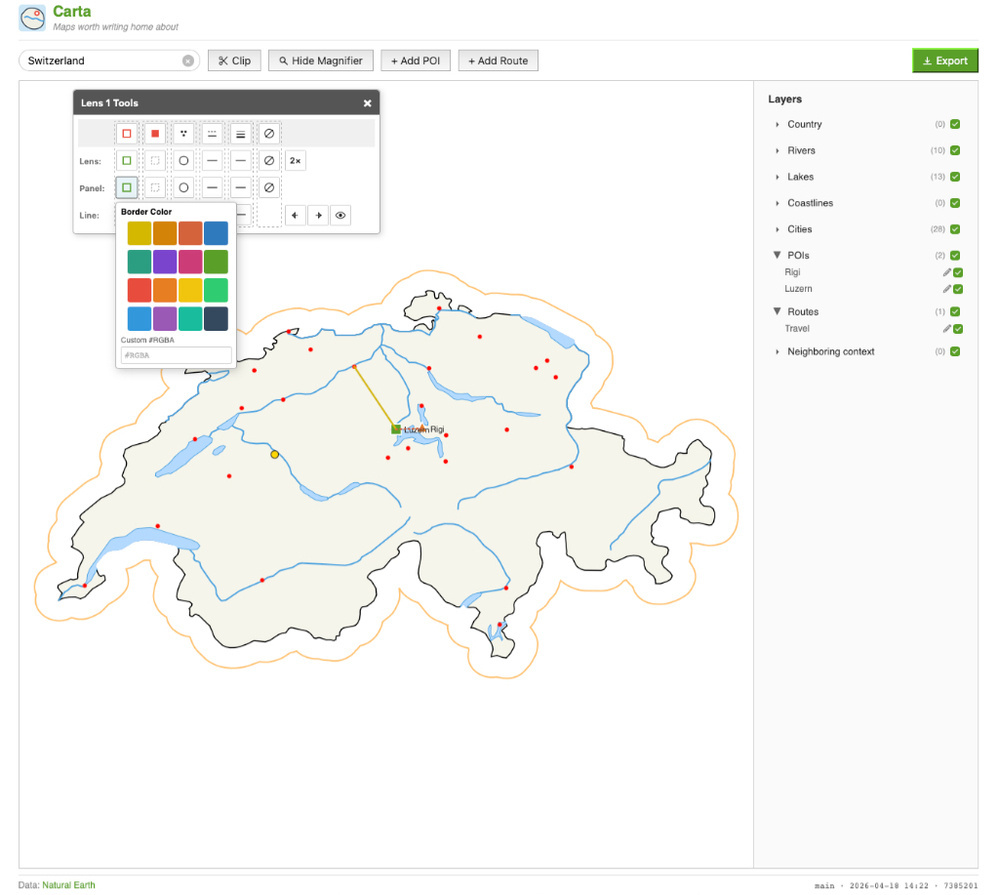 A digital map interface showing the outline of Switzerland. Various geographic features like rivers, lakes, and cities are marked. A pop-up color palette is visible, allowing adjustments to the map's border color. On the right, there's a list of layers with checkboxes for features such as country, rivers, lakes, coastlines, cities, and neighboring countries. An "Export" button is located at the top right.