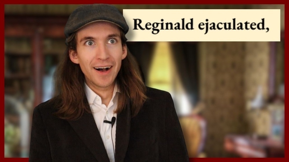 A surprised person with long hair wearing a dark jacket and cap, standing in a blurred indoor setting. The text “Reginald ejaculated,” is written in bold black letters on a beige background in the upper right part of the image.