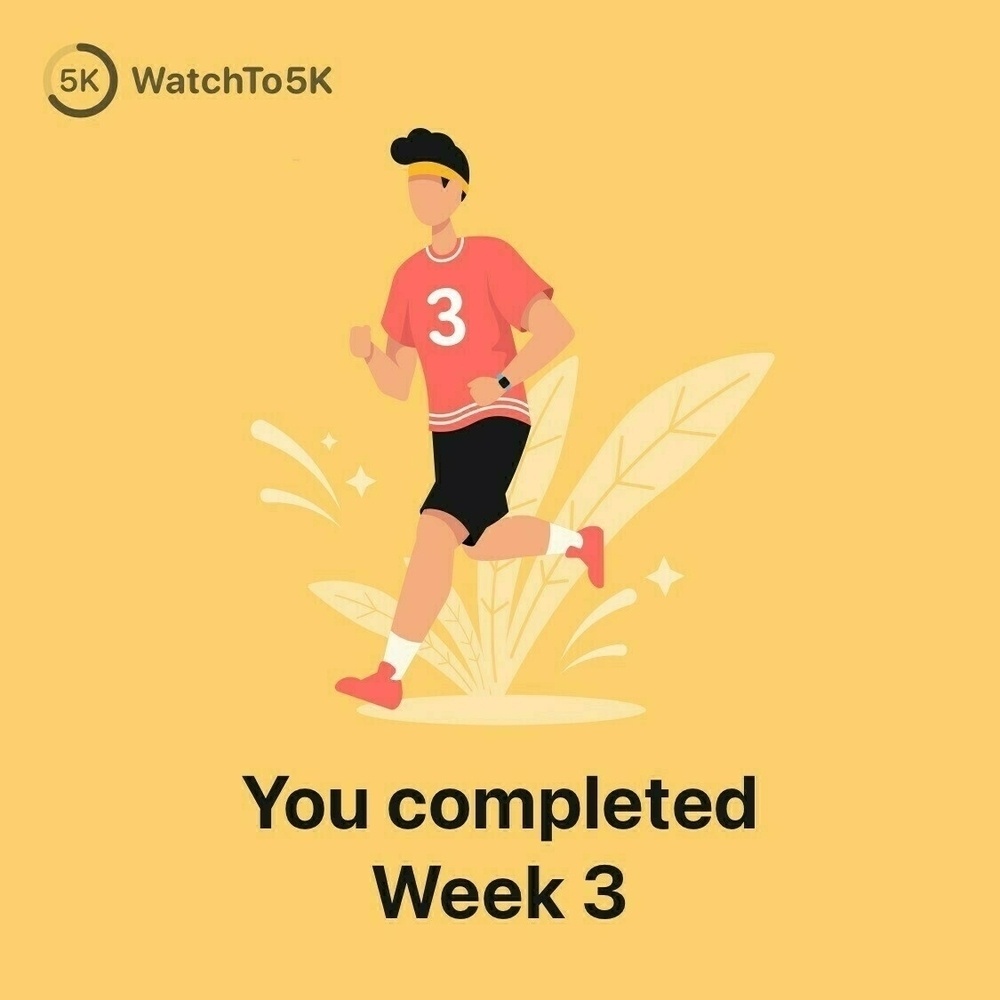 Cartoon drawing of a man in a tracksuit running, a headband on his head, and writing below saying that week 3 of Couch to 5K program has been completed
