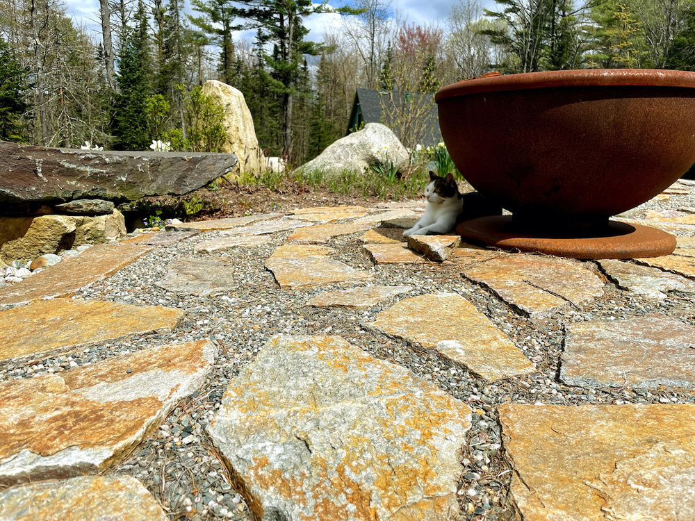 A cat is peeking out from behind a large brown planter on a stone-paved patio with rocks and greenery in the background.