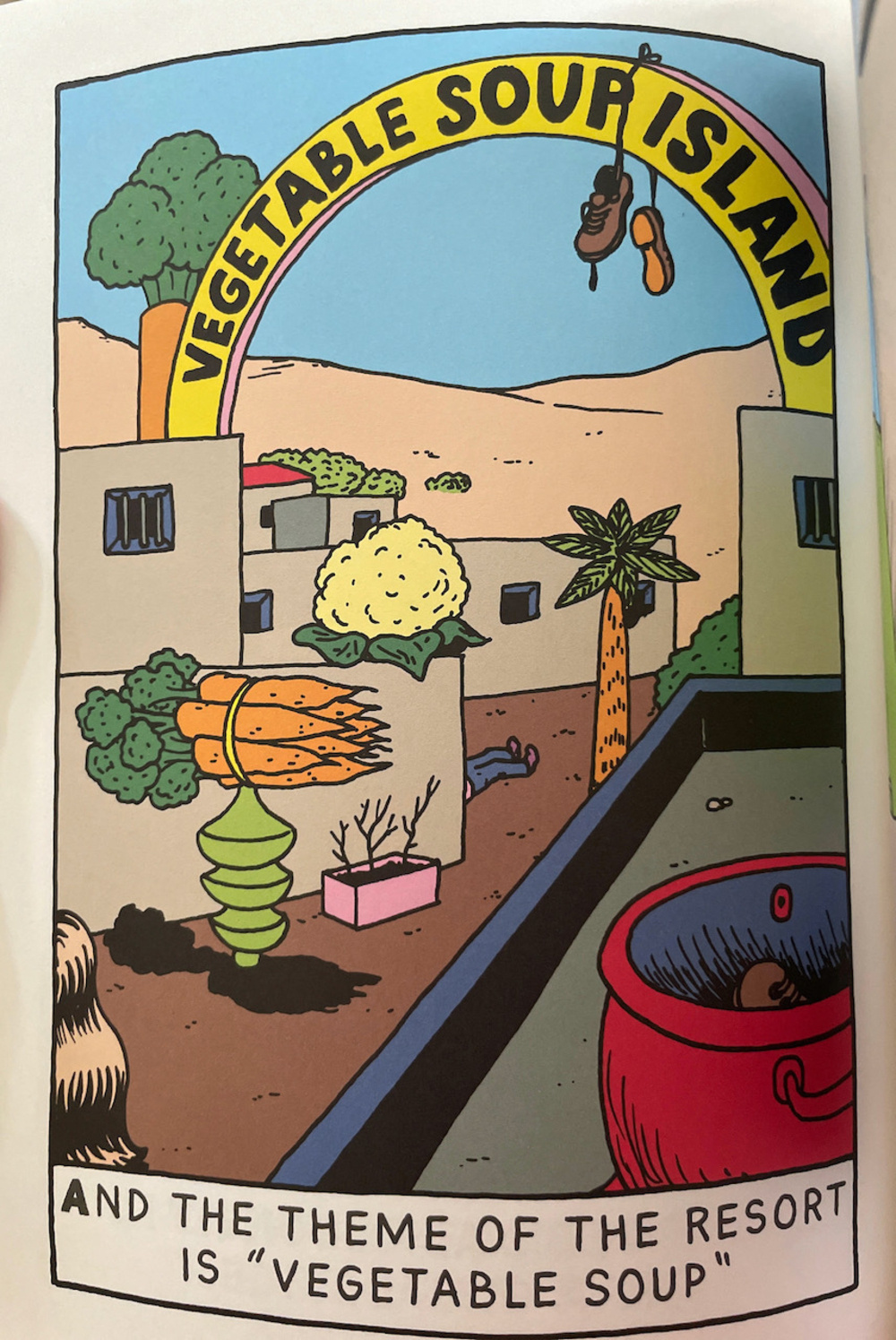 a colorful cartoon illustration of a themed resort named Vegetable Soup Island, featuring various vegetables and a soup pot