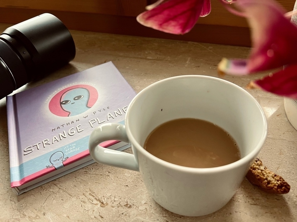 From right to left: one cantuccini, a white porcellaine mug, half filled with coffee, the book ”Strange Planet“ by Nathan W Pyle, and a zoom lens.