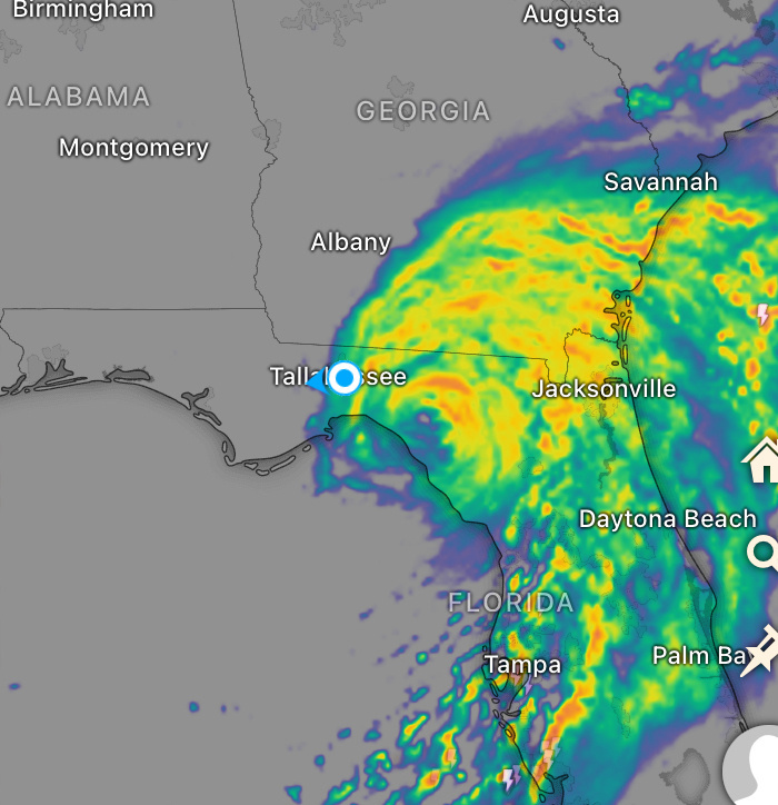 Radar image of hurricane just barely swiping us on the far west of it’s hawk-beak-shaped swirl