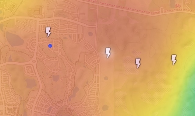 cropped map of lightning strikes happening in the nearest 10 blocks or so. One of them just wacked a golf course pond about 200 yards away.