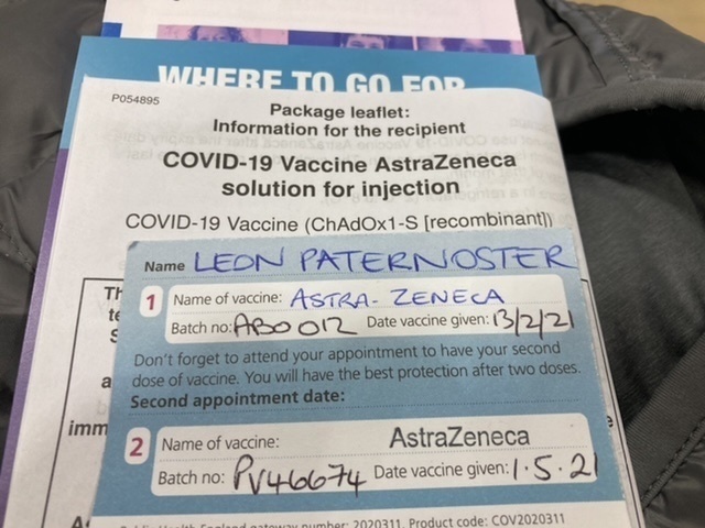 Card  showing dates and times of my AZ  vaccinations.