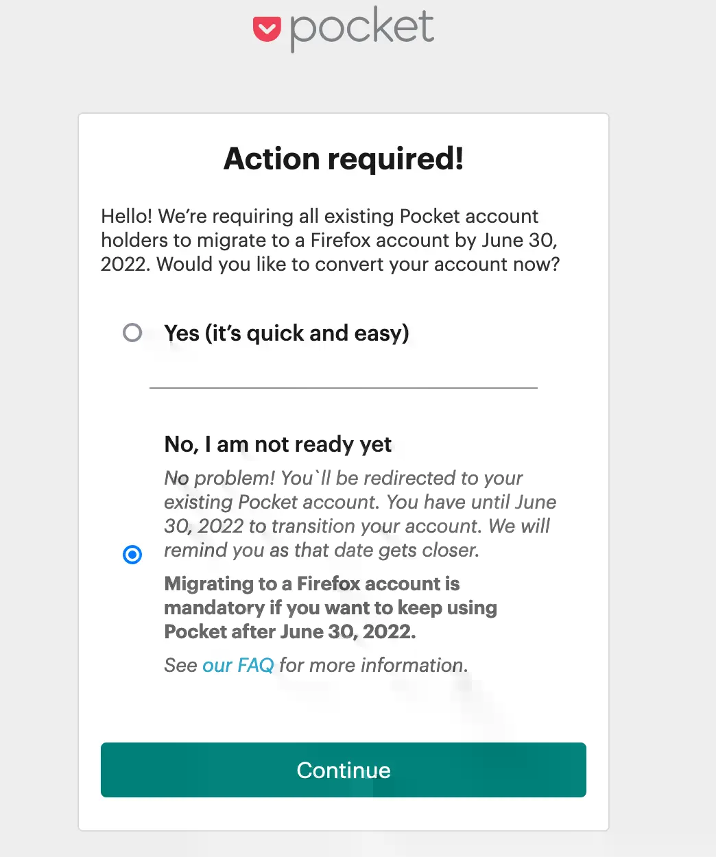 Screenshot of the dialogue on the Pocket website asking users to set up a Firefox account.