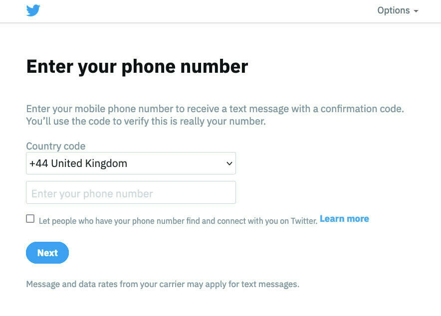 Twitter screen asking for a phone number, with no option to refuse.