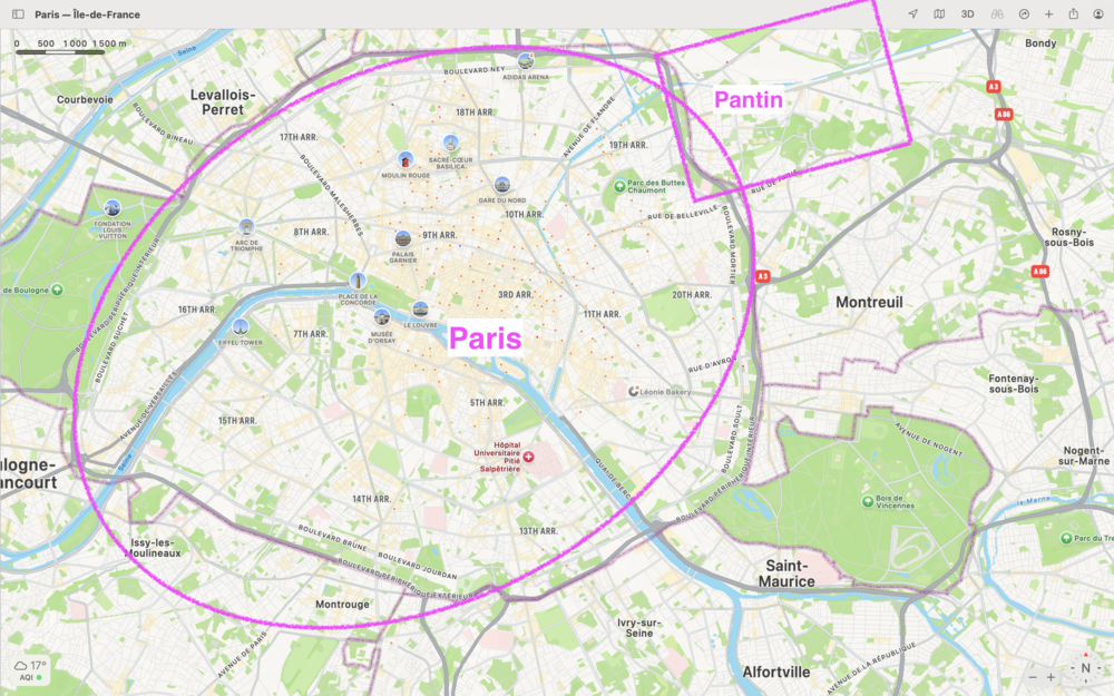 Auto-generated description: A map highlights Paris and Pantin with distinct pink outlines, showing surrounding areas and landmarks.
