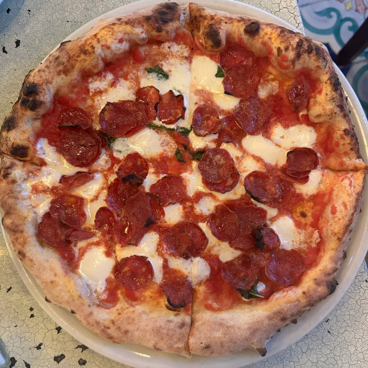 Pizza with mozzarella and soppressata