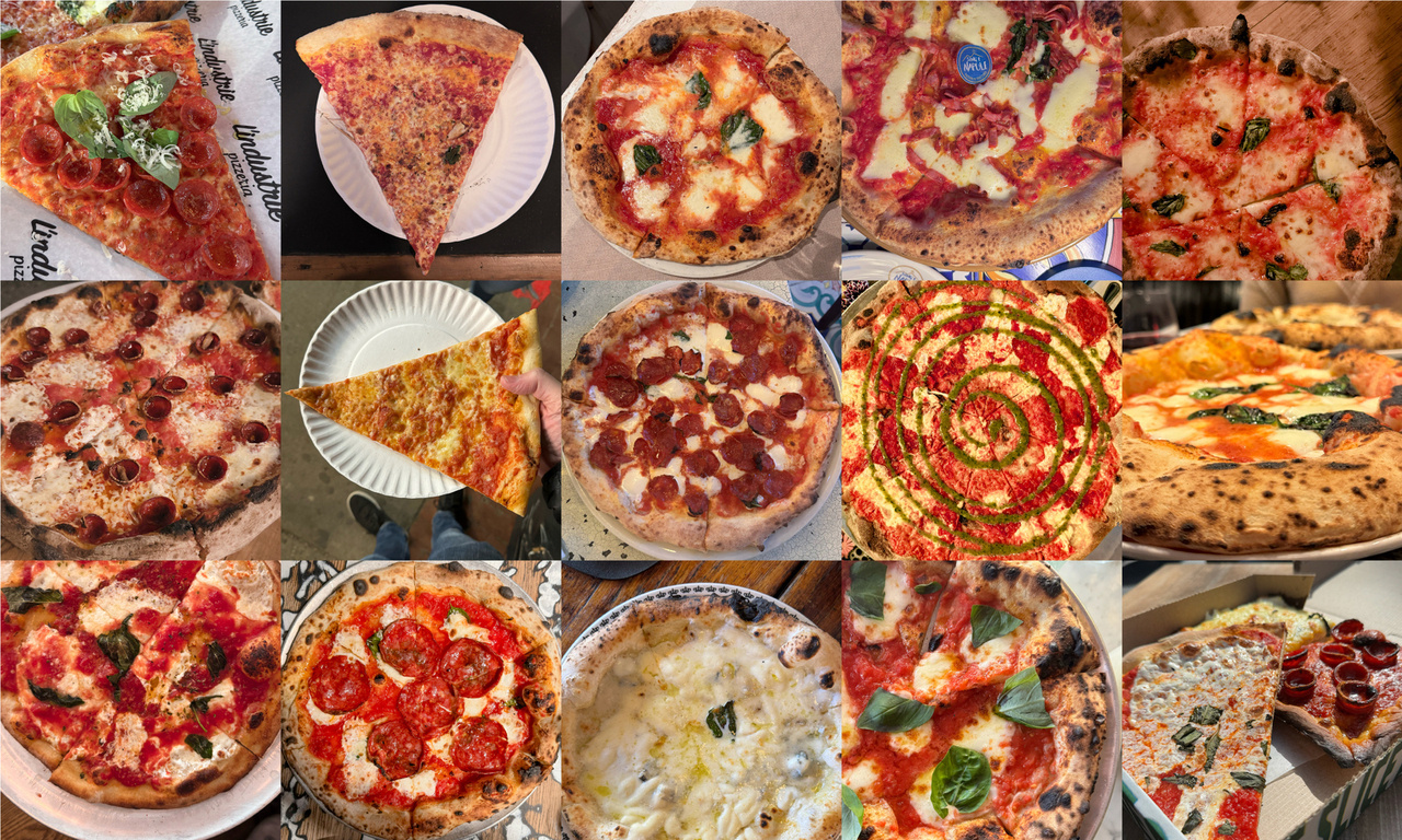 Collage of 15 pizzas from 14 pizza places in New York