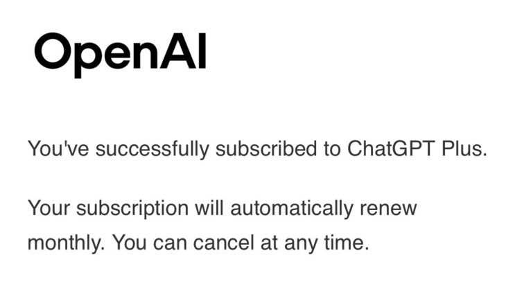Snippet of an email from OpenAI. It reads, “You’ve successfully subscribed to ChatGPT Plus.”